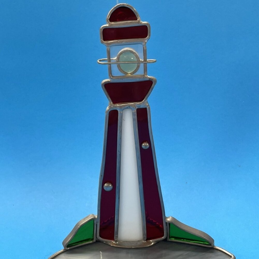 Vintage Handmade Stained Glass Lighthouse 6.5” X 5”.
